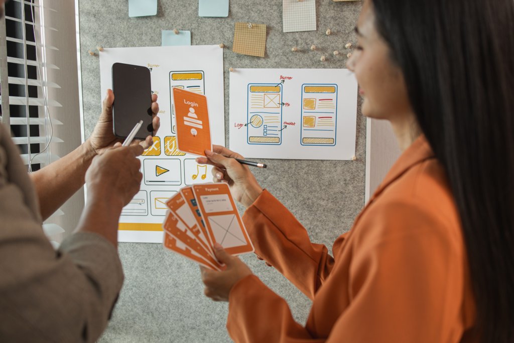 Mobile app wireframe cards and smartphone review