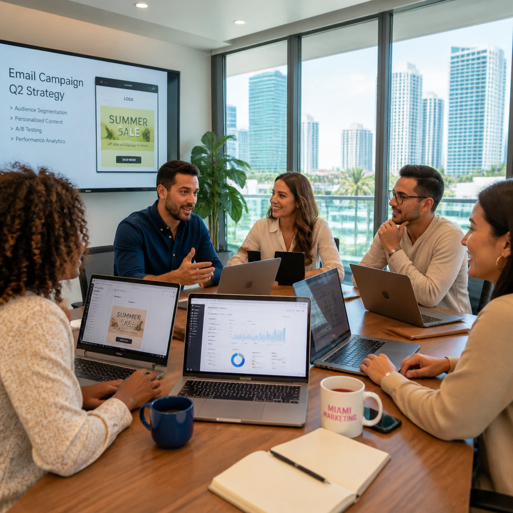 Team planning email marketing campaign meeting