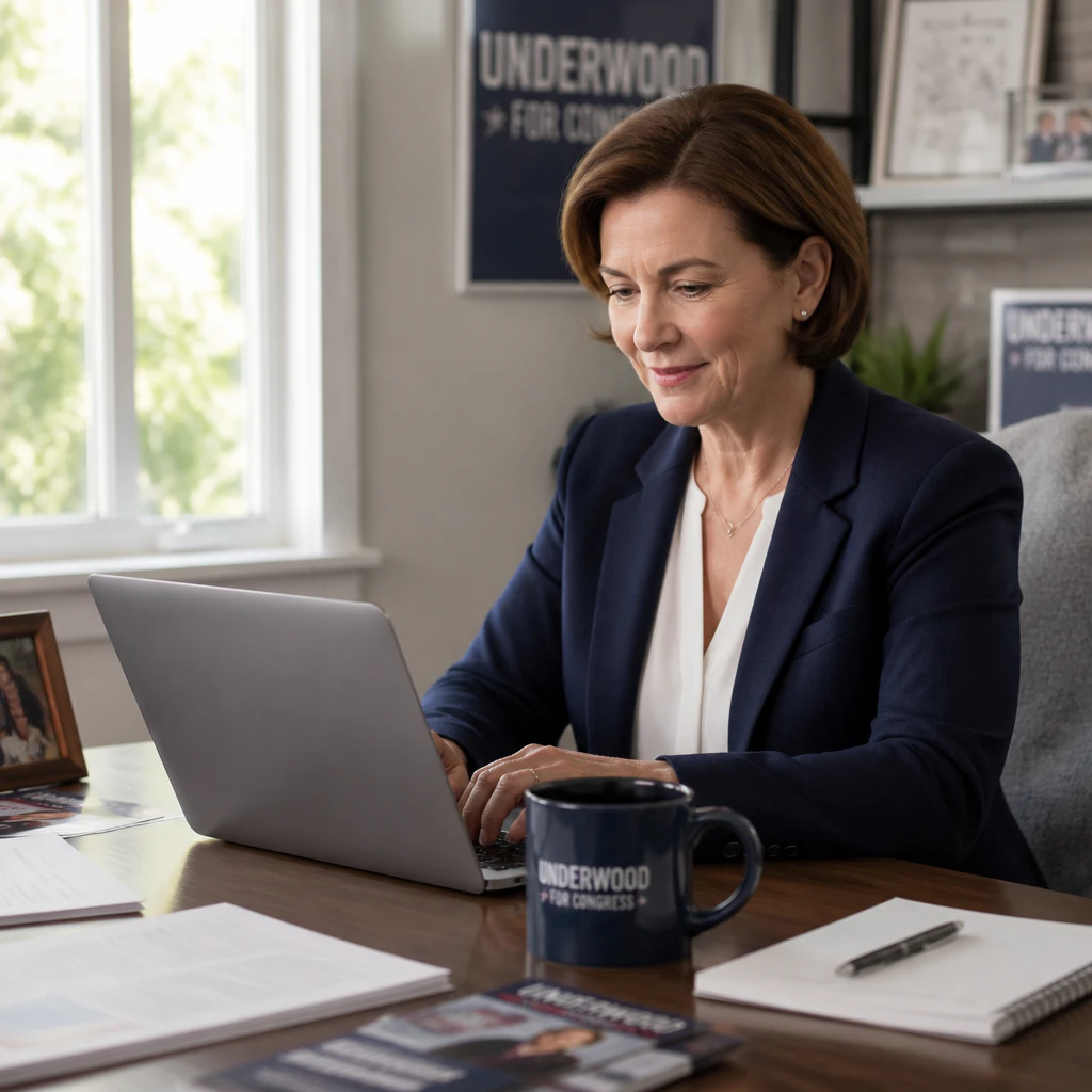 Woman working on laptop in campaign office