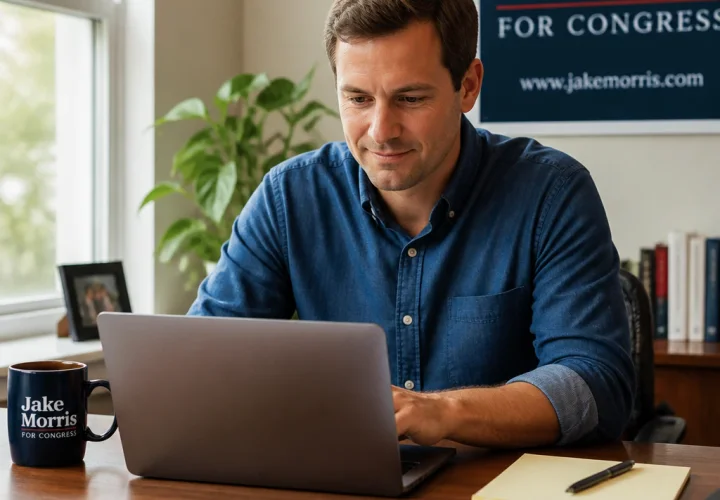 Man working on laptop at campaign desk