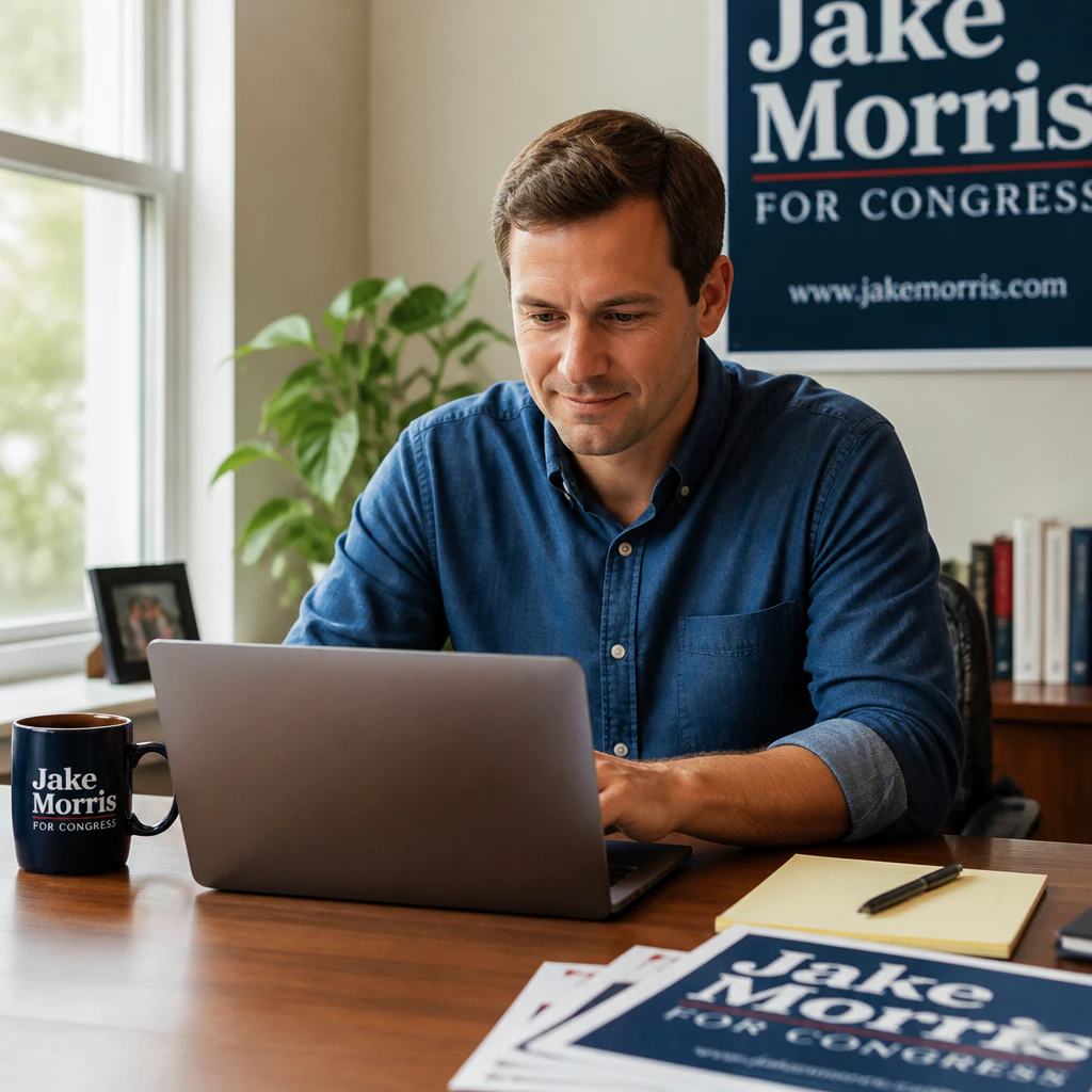 Man working on laptop at campaign desk