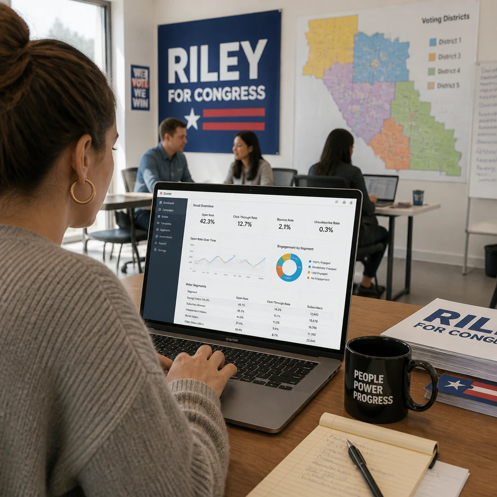 Woman checking campaign email statistics on laptop