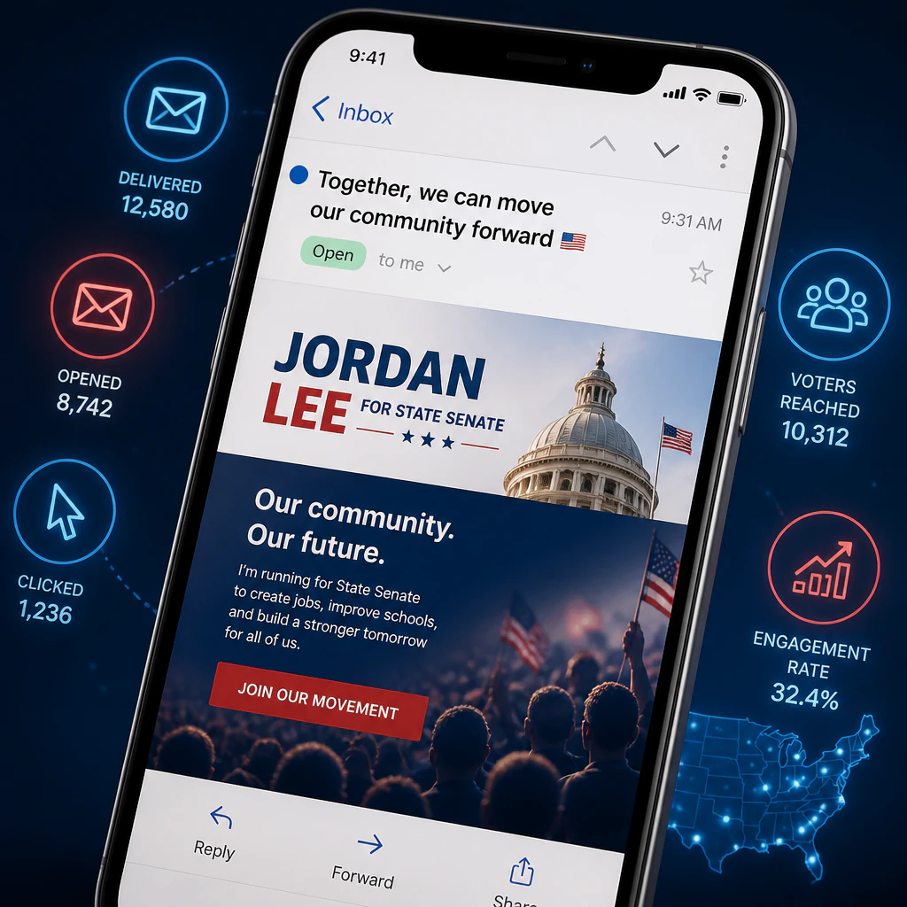 Political campaign email on smartphone screen